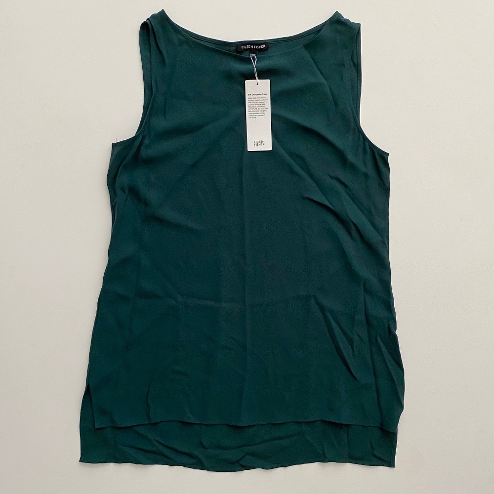 Eileen Fisher Nwt Silk Georgette Crepe Bateau Neck Long Shell Top Pine Green